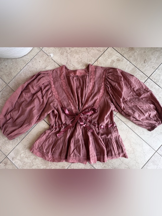 Free People Tops - Free People Mauve Lace-Trim Puff Sleeve Blouse
